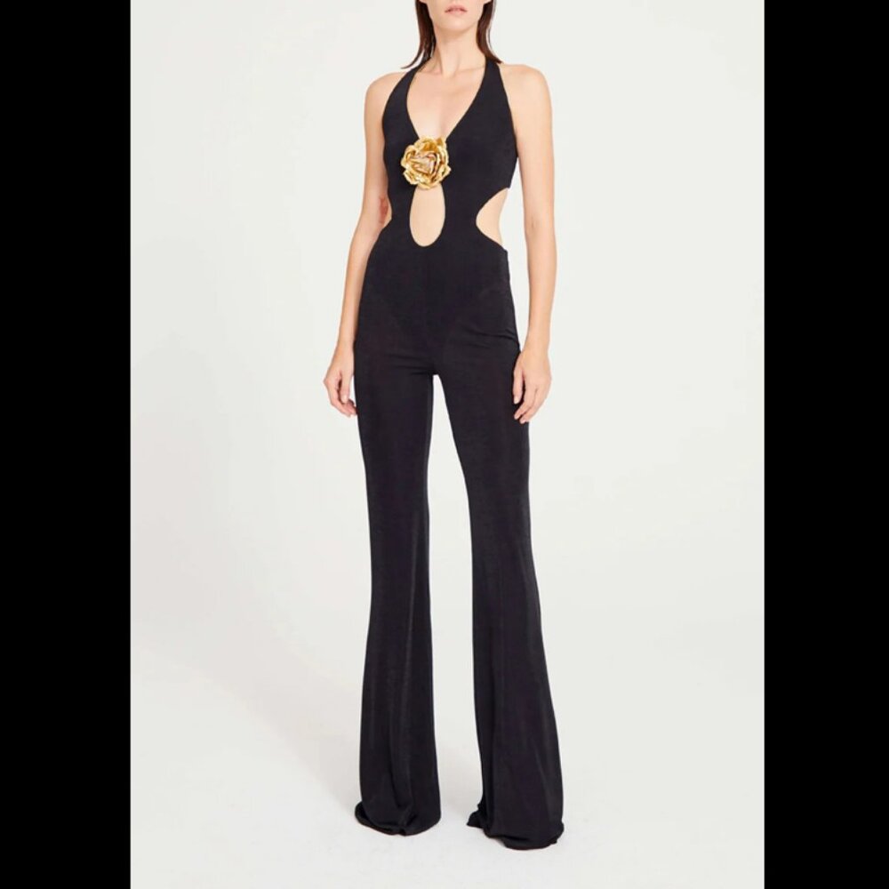 Night Novas "Kanako" Halter Backless Jumpsuit with Flower Detail
